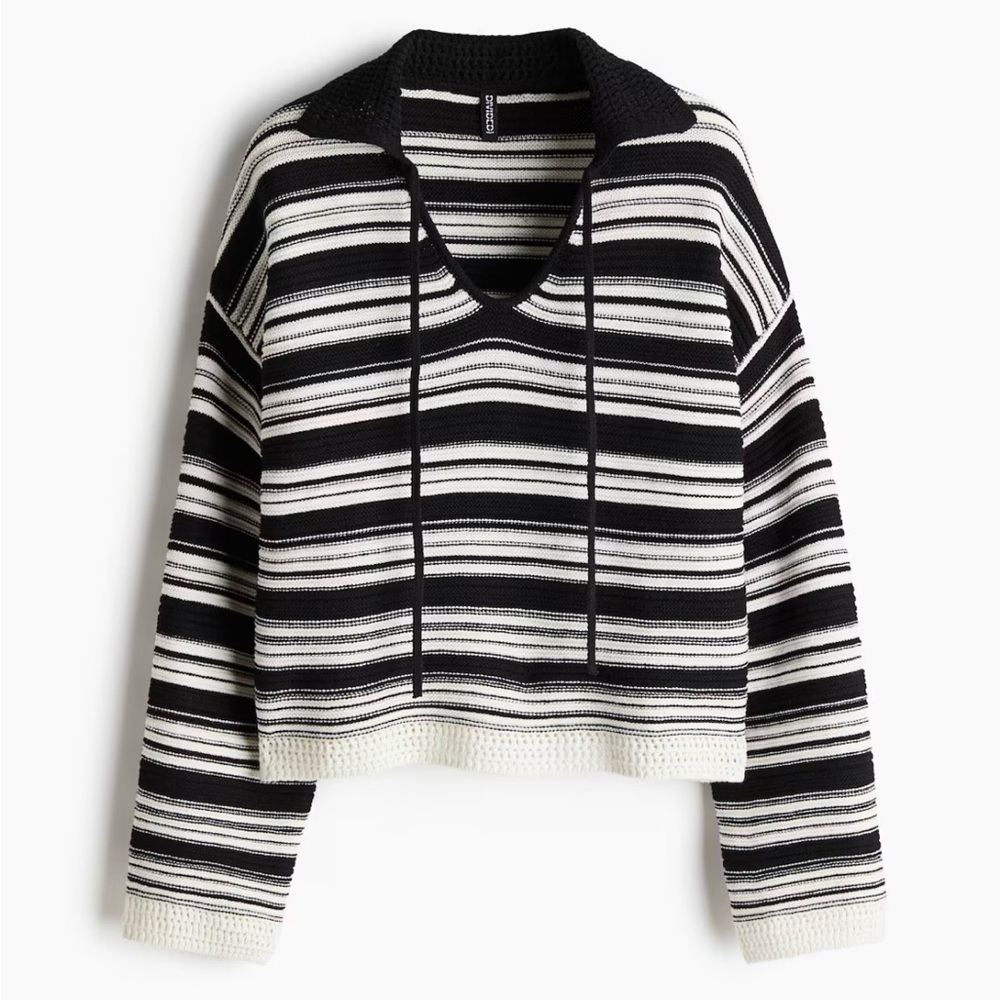 Striped Collared Purl-knit Sweater Top